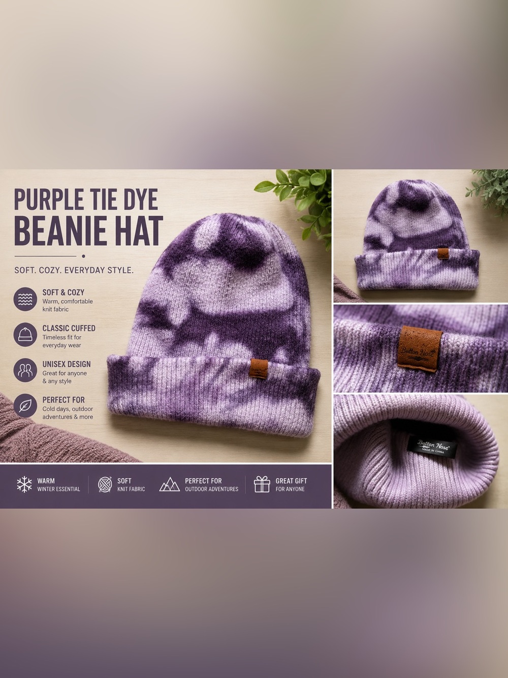 Purple Tie Dye Beanie Hat Unisex Knit Winter Cap Soft Cozy Cuffed Beanie